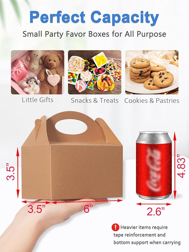 50 Pcs Small Party Treat Boxes, 6 Inch Candy Cookie Goodie Gift Bags Gable Box for Kids Birthday Party, Kraft Brown