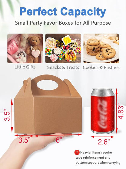 50 Pcs Small Party Treat Boxes, 6 Inch Candy Cookie Goodie Gift Bags Gable Box for Kids Birthday Party, Kraft Brown