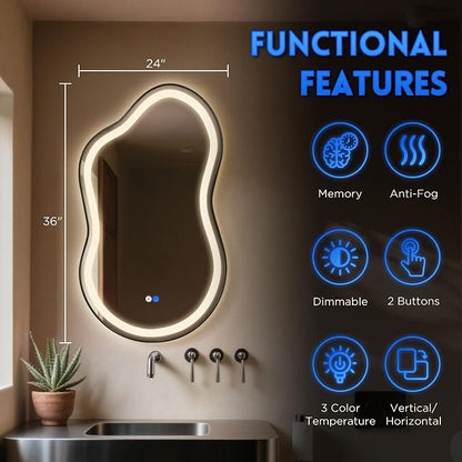 Dorlicecass Irregular Led Bathroom Mirror- Black 24"x36" Single Piece Vanity Mirror with Lights IP54 Enhanced Anti-Fog, 3 Colors Dimmable, Memory,Tempered Glass,UL Listed