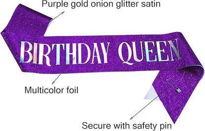 MGJSRNH Birthday Queen Sash,Purple Glitter Satin with Silver Iridescence Foil Sash for Women Girls,Party Decorations Supplies for Sweet 13, 18, 21,30,40,50 or Any Other Bday Party