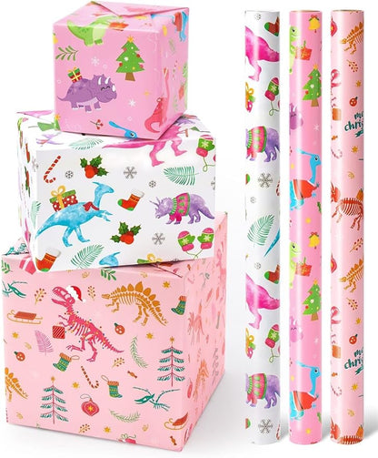 WERNNSAI Dinosaur Gift Wrapping Paper Rolls - 3 Rolls 17” x 120” Dino Kids Birthday Wrapping Paper Medium Roll Set Girl Pink Wrap Paper Happy Birthday Party Supply