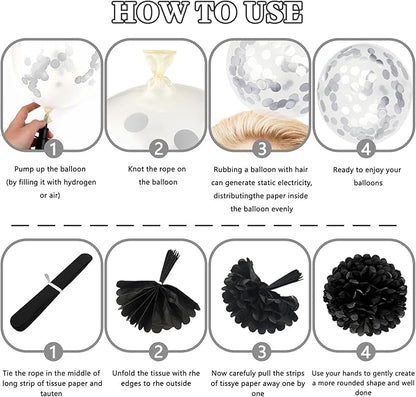 ZERODECO Black White Birthday Party Decorations, Happy Birthday Banner Pompoms White Black Balloon Arch Fringe Curtain Party Décor for Men Women Black and White Party