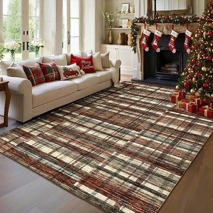 Living Room Rug 8x10 Area Rugs for Living Room Christmas Washable Rug Non Slip Modern Plaid Throw Rugs Low Pile Area Rugs for Bedroom Stain Resistant Carpet for Classroom Office Red 8'x10'