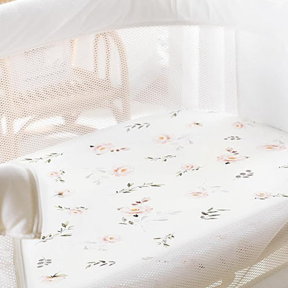 GRSSDER Ultra Soft Bassinet Sheets 2 Pack, Stretchy Breathable Knit Bassinet Mattress Sheets for Baby, Universal Fitted Baby Cradle Moses Basket Oval Rectangle Pads Safe and Snug, Stylish Flora