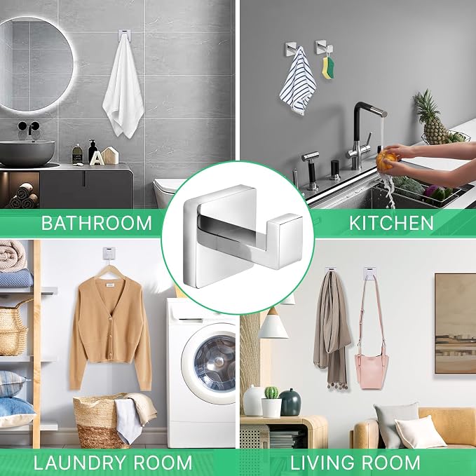Heavy Duty Stainless Steel Towel Hooks, Wall Mounted Square Robe Hooks for Bathroom, Kitchen, Bedroom, Hotel Chrome Polished 2 Pack