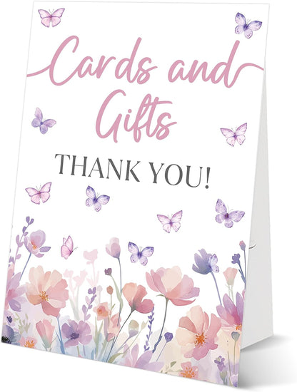 Butterfly Baby Shower Tabletop Sign, Cards and Gifts, Include One 8×11 Sign with holder, Purple Butterfly Gender Reveal Party Decoration Supplies - FL30