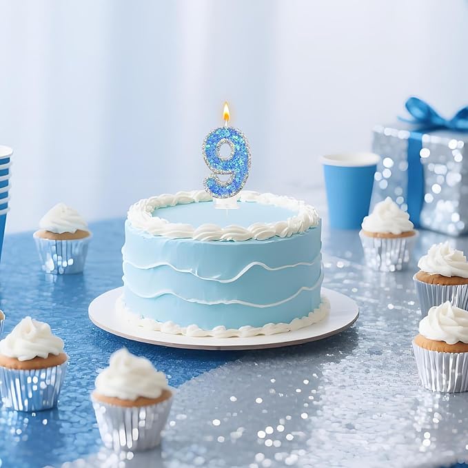 Blue Star Number 9 Candle for Cake Decoration, Glitter Star Cake Topper, Shaker Style Number Candle for Anniversary Celebration Party Supplies