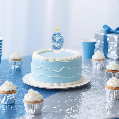 Blue Star Number 9 Candle for Cake Decoration, Glitter Star Cake Topper, Shaker Style Number Candle for Anniversary Celebration Party Supplies