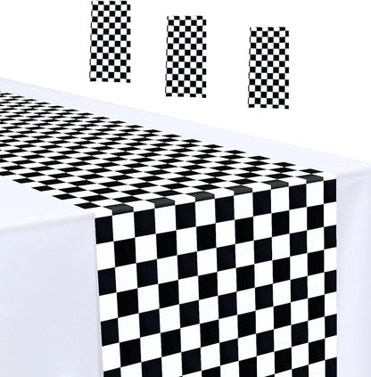 3 Pcs Black and White Checkered Table Runner 14 x 108 Plastic Table Runner for Race Car Theme Party Birthday Baby Shower Disposable Table Runner