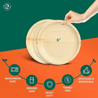 ECO SOUL 6 Inch Disposable Palm Leaf Plates [50 Pack] Premium Food-Safe Heavy Duty Compostable Bamboo Paper Plates for Dessert, Dinner, Apetizers, Weddings, Party, Camping & Catering Events [Round]
