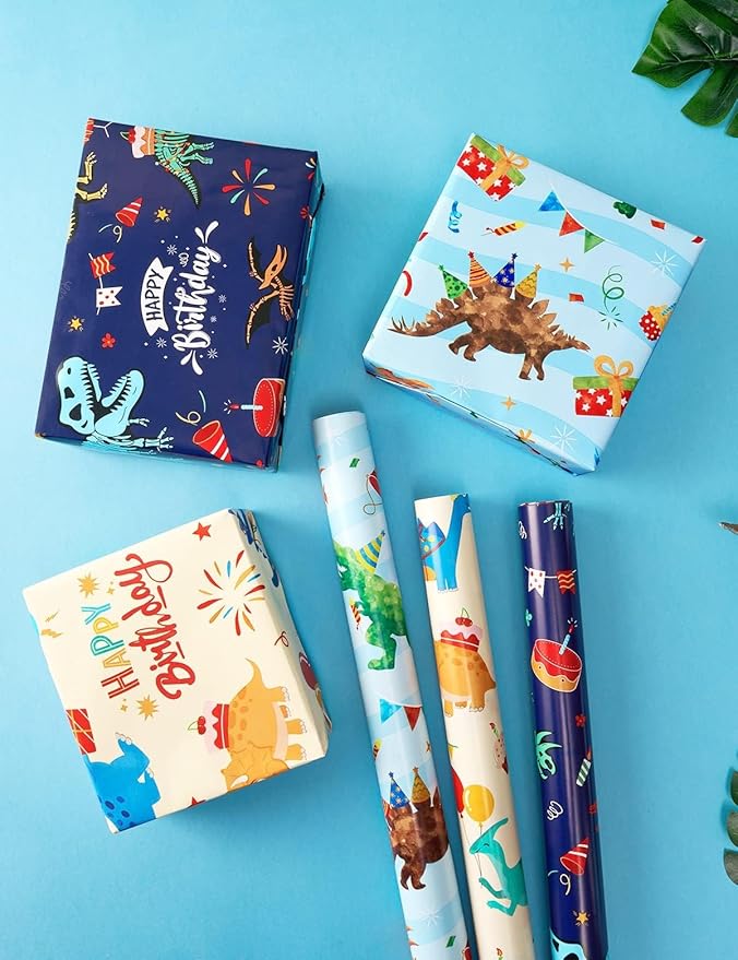 WERNNSAI Dinosaur Wrapping Paper Rolls - 3 Rolls 17” x 120” Happy Birthday Wrapping Paper Kids Wrapping Paper Rolls Boy Dinosaur Gift Wrap Paper Dinosaur Party Favor Happy Bday Wrap with Cutting Line on Back