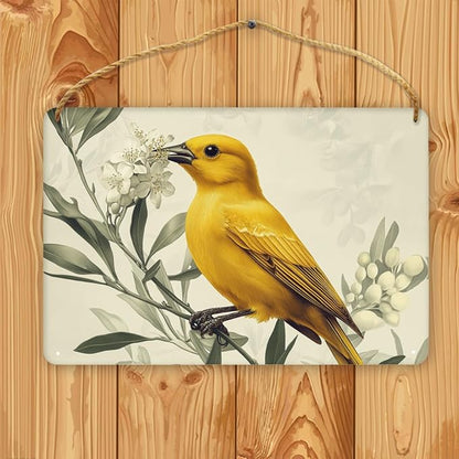 Artful Retro Yellow Bird on Blossom branches Wooden Wall Art, Botanical Home Decors for Nostalgia Seekers, 12x8 Inch Wood Sign for a Warm Living Space Touch