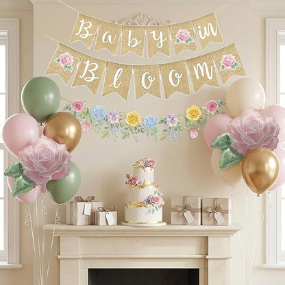 Baby in Bloom Balloon Kit - Dusty Sage Green & Pastel Pink Floral Decorations - Floral Foil Balloons & Banner Set for Girls Boho Baby Shower Spring Garden Birthday Tea Party Supplies