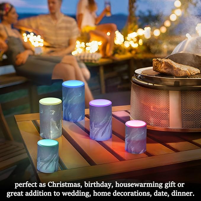 ALAZA Beautiful Navy Blue Marble Flickering Flameless Candles Battery Operated with Remote Timer,Tea Light Candles LED Pillar Votive Candles Set of 2 for Outdoor Indoor Decorations