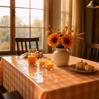 Remagr 3 Pcs Orange and White Checkered Table Cloth 54 x 108 Inch Disposable Buffalo Plaid Plastic Table Cloth Waterproof Rectangle Gingham Tablecover for Picnic, Dining, Birthday Party Decor