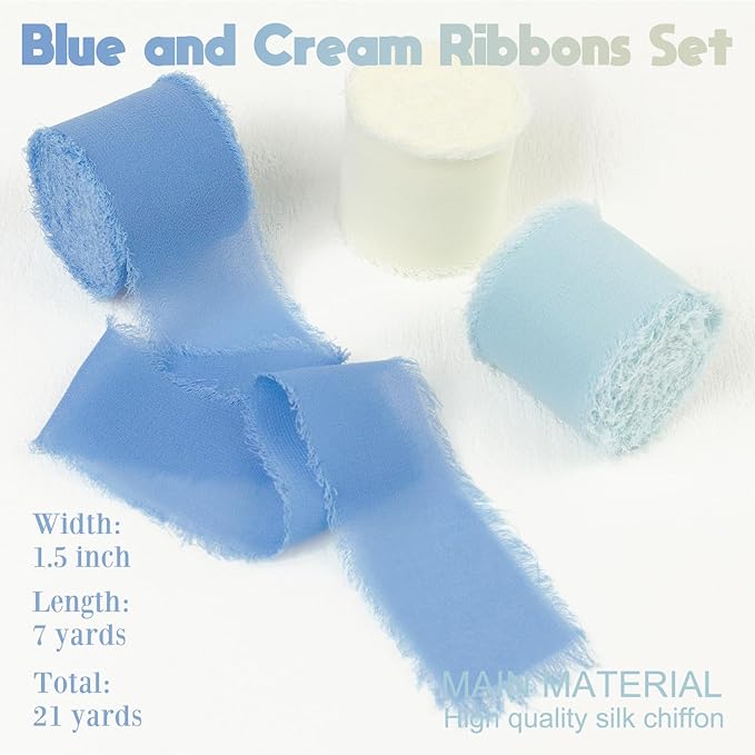 Blue Chiffon Ribbon 1.5 Inch x 21Yds Handmade Fringe Chiffon Silk Ribbon Blue & Cream Frayed Chiffon Ribbon for Baby Shower Wedding Invitation Flower Bouquets Gift Wrapping