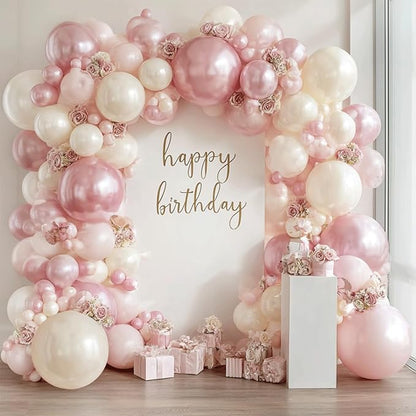 Pink and White Balloons Arch Kit,Double Stuffed Pearl Light Pink Metallic Pink Balloon Sand White Beige Ivory Balloons Garland Kit for Birthday Wedding Valentine's Day Bridal Shower Party Decoration