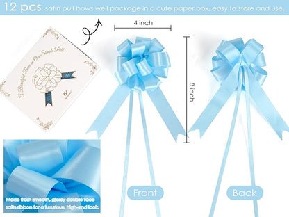 HUIHUANG Blue Bows for Gift Wrapping 12 PCS Baby Blue Pull Bows 4 inch Satin Gift Bow for Presents, Gift Basket, Paper Bag, Baby Shower Favors, Wrapping Accessories, Wedding Holiday Decor