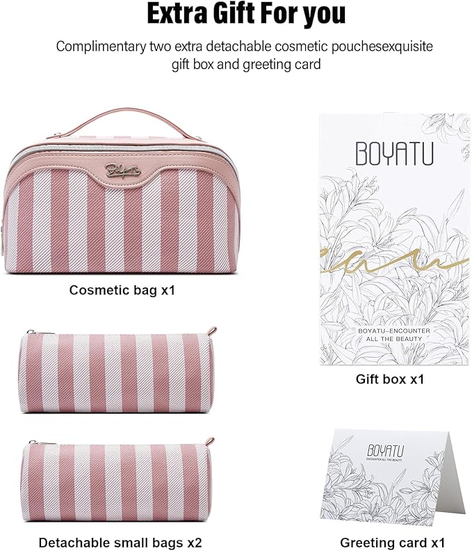 BOYATU Travel Makeup Bag for Women: Large Cosmetic Bag Set of 3 - PU Leather Make up Bag with Compartments - Compact Waterproof Toiletry Bag with Divider & Handle (B-1-Pink)