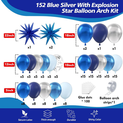 Blue Balloon Arch Kit, 152Pcs Explosion Star Various Blue and Silver Latex Balloon Garland kit Different Size Balloons for Anniversary Birthday Wedding Baby Shower Dark Party Decorations