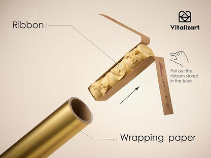 Vitalizart Gold Matte Metallic Wrapping Paper Set 17" With Silk Satin Ribbon & Gift Tags Christmas Gift Wrapping Birthday Baby Shower Wedding Bouquets Handmade Crafts 197"(16.4 Ft) Gold Ribbon