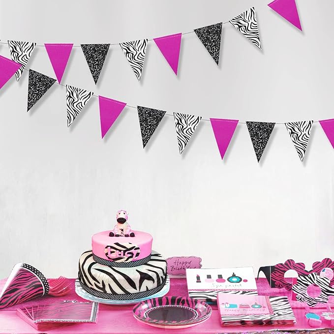 Cheerland Pink Zebra Party Decorations Hot Pink and Zebra Print Birthday Party Decorations Animal Print Streamers Triangle Flag Bunting Pennant Garland Banner Jersey Shore Decor Supplies 4 Pcs