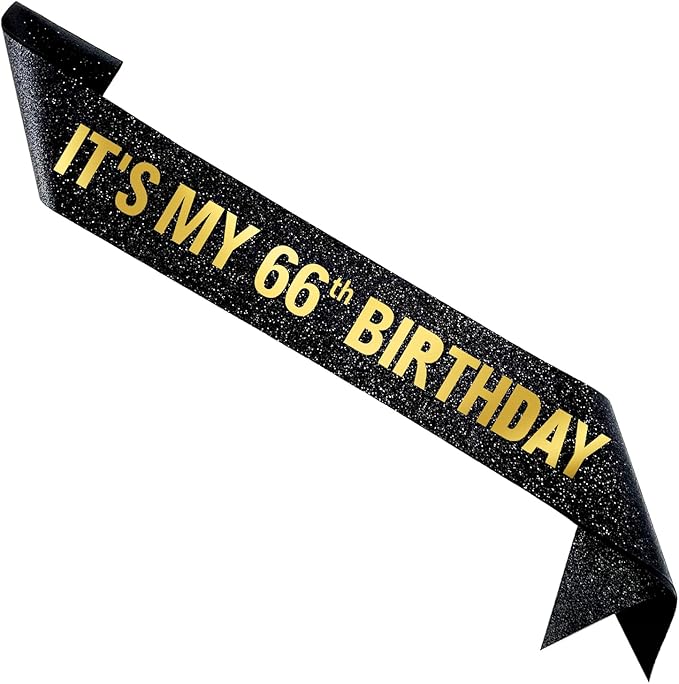 It's My 66th Birthday Sash for Men Women, Black Glitter Sash with Gold Foil