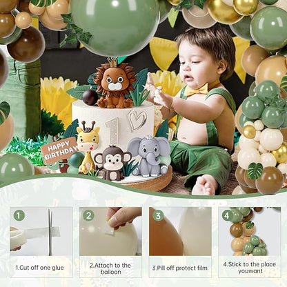 PERPAOL 140 pcs Jungle Safari Balloon Garland Kit, Sage Green Brown Safari Wild One Balloon Arch with Animal Print Balloons Palm Leaves for Wedding Woodland Tropical Birthday Shower Decorations