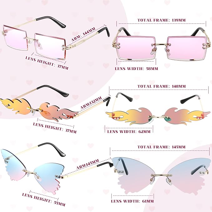 8 Pcs Irregular Sunglasses Set Heart Sunglasses Flame Cloud Butterfly Star Rimless Glasses Favors (Vibrant Style)