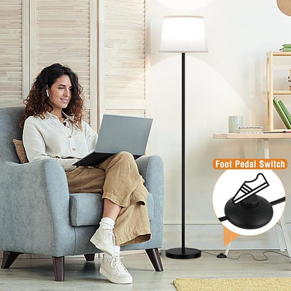 Raexpectis Modern Floor Lamp with Adjustable Brightness, Remote Control, Black, LED Bulbs, White Shade, Foot Switch, Easy Assembly