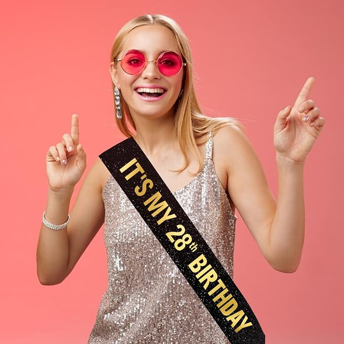 It's My 28th Birthday Sash for Men Women, Black Glitter Sash with Gold Foil
