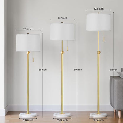 PARTPHONER Floor Lamp for Living Room, 66'' Adjustable Height Standing Lamp with Marble Base, 3-Color Tall Lamps with Pull Chain, Suitable for Bedroom, Reading, Office (Bulb Included, White Shade)