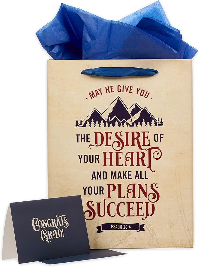 Christian Art Gifts Three Piece Portrait Gift Bag w/Card & Tissue Paper Set for Men, Women, & Graduates: The Desire of Your Heart - Psalm 20:4 Inspirational Bible Verse, Tan/Navy Blue/Maroon, Large
