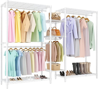 Freestanding Heavy Duty Garment Rack with Adjustable Shelves and Hanging Rods, Large 1630 Lbs Capacity Portable Closet Organizer for Bedroom or Cloakroom Storage, White