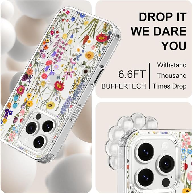 MOSNOVO Case for iPhone 16 Pro Max, [Buffertech 6.6ft Military-Grade Drop Protection] [Anti Peel Off Tech] Clear TPU Bumper Phone Case Cover Design - Wildflower Meadow