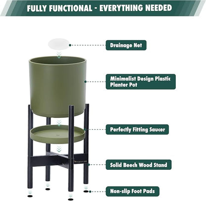 D'vine Dev Planter Pot with Stand - 10 Inch Plastic Cylinder Flower Pot with Wood Planter Holder for Indoor, Olive Pot + Ebony Stand, 55-C-N-3