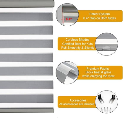 Persilux Zebra Blinds for Windows, Cordless Roller Blinds (34.5" W x 72" H, Grey) Light Filtering Sheer Window Treatments, Light Control for Day and Night, Room Darkening Roller Shades for Windows