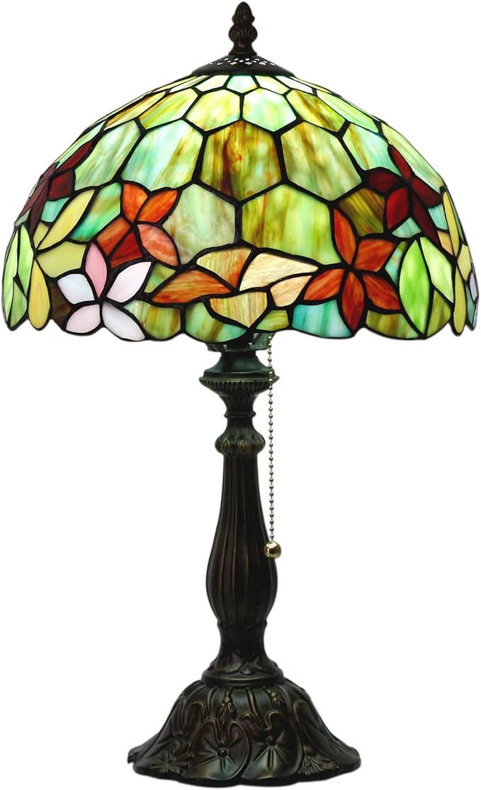 Tiffany Table Lamp Stained Glass Lamp 12X12X19 Inch Antique Reading Light (Red Green Flowers)