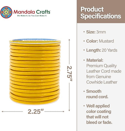 Mandala Crafts Round Genuine Mustard Yellow Leather Cord for Jewelry Making – 3mm Cowhide Leather Rope String Lace for Kumihimo – 20 Yards Cowhide Craft Cording Spool