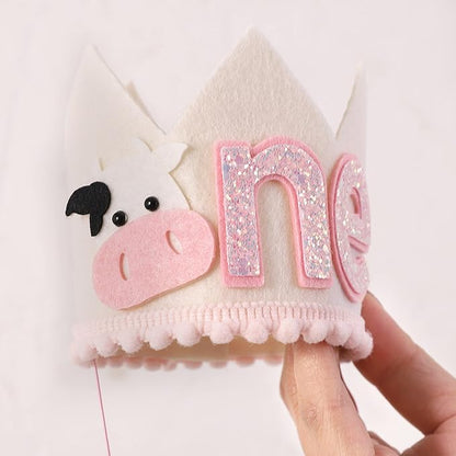 Cowgirl 1st Birthday Crown for Girls - Farm Party Decorations, Western Hat, Holy Cow I Am One Decor, Pink