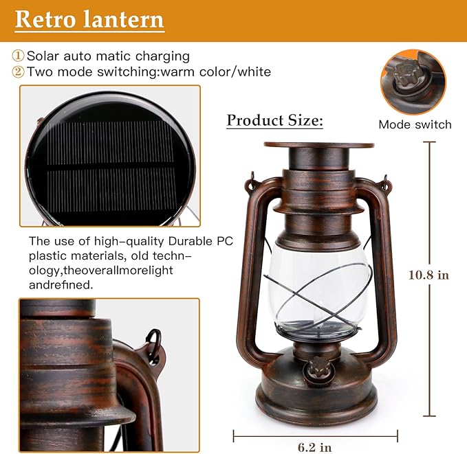 2 Pack Solar Hanging Lantern Outdoor, Solar Powered, Auto On/Off Waterproof LED Flame Umbrella Vintage Lights for Garden, Patio, Yard, Flickering Flameless Candle Mission Lights for Table, Party