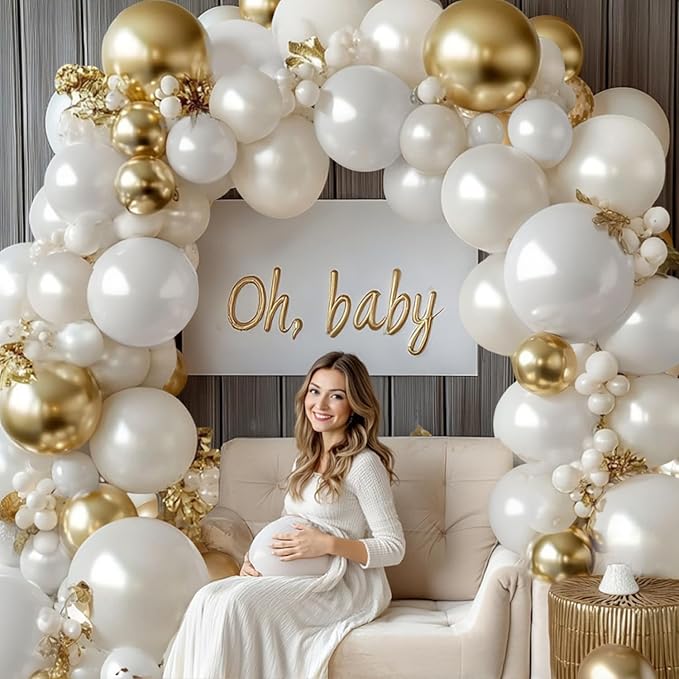 White and Gold Balloons Arch Kit - 129 pcs Double Stuffed Pearl White Sand Beige Ivory Chrome Gold Balloons for Wedding Birthday First Communion Party Decorations