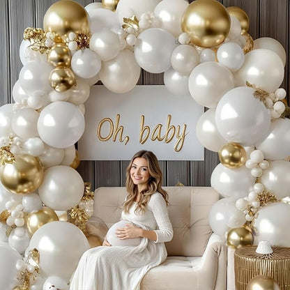 White and Gold Balloons Arch Kit - 129 pcs Double Stuffed Pearl White Sand Beige Ivory Chrome Gold Balloons for Wedding Birthday First Communion Party Decorations