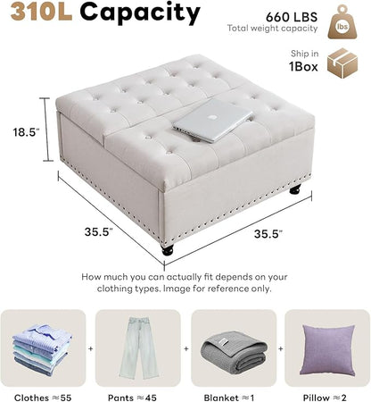 Tbfit Large Square Storage Ottoman Bench, Tufted Upholstered Coffee Table