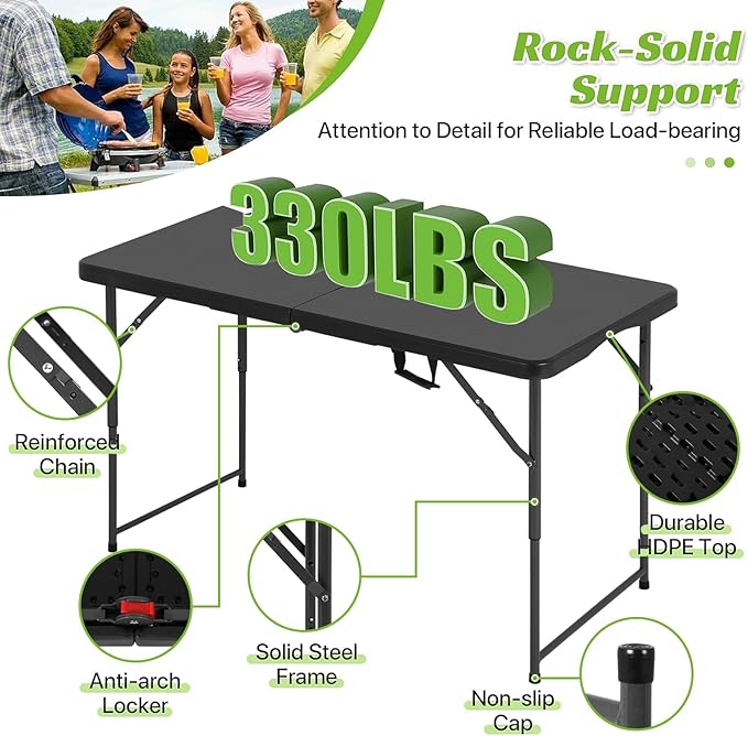 4FT Folding Table - Heavy Duty Portable Plastic Utility Table with Adjustable Height, Carry Handle. Indoor Outdoor Use for Camping, Parties, Picnics, Tailgating (4ft, Black)