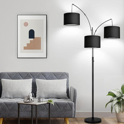 Dimmable Floor Lamp - 3 Lights Arc Floor Lamps for Living Room, 1000LM Modern Tall Standing Lamp With Black Shades & Heavy Base, Mid Century Tree Floor Lamp for Bedroom Office, 3 LED Bulbs Included