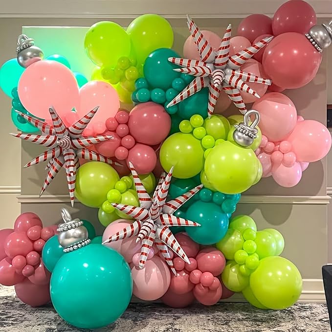 136PCS Christmas Balloon Garland Arch Kit, Pink Green Blue Balloons with Explosion Star Mylar Foil Balloons Set for Women Girl Xmas Birthday Wedding Baby Shower Candy Christmas Party Decorations