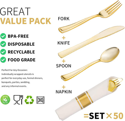 50 Pack Pre Rolled Gold Plastic Silverware Set with Napkins,Disposable Wrapped Heavy Duty Cutlery Set for Wedding Birthday Party-50 Forks,Knives,Spoons,Napkins,Utensils Set,Plasticware Bulk