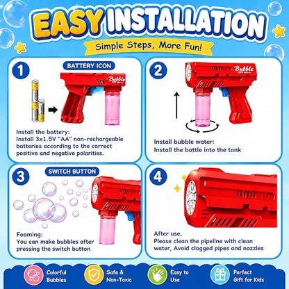 Bubble Gun for Kids 3-8, Automatic Bubble Blaster with LED Light & Refill Solution, Kids Bubble Machine Blower, Outdoor Toy for Birthday Party Wedding Easter Gift (Red)
