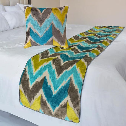 The HomeCentric King/Queen/Twin Blue Decorative Queen 74"x18" Bed Runner with One Pillow Cover, Velvet, Peacock Colors & Ombre Bed Scarf on Velvet Fabric - Plume Palatte